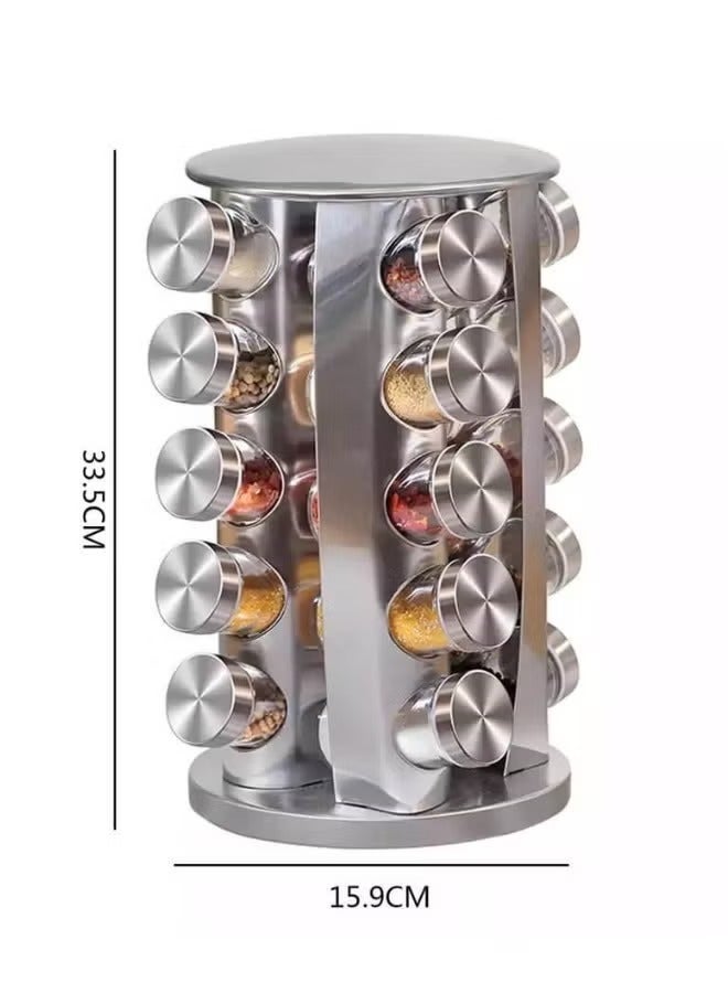 رف دوار منظم للتوابل و البهارات  مع 20 علبة زجاجية فضي - Image 3